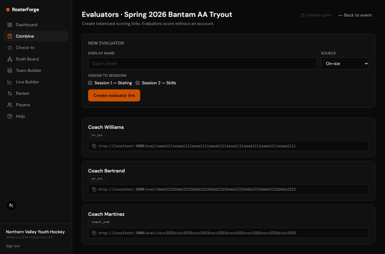 Evaluator management page showing three evaluators with tokenized links and source type assignments