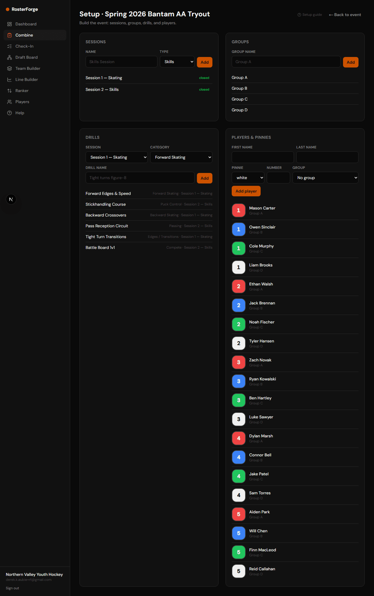 Event setup wizard showing sessions, groups, drills, and a player roster of 20 players with colored pinnie badges