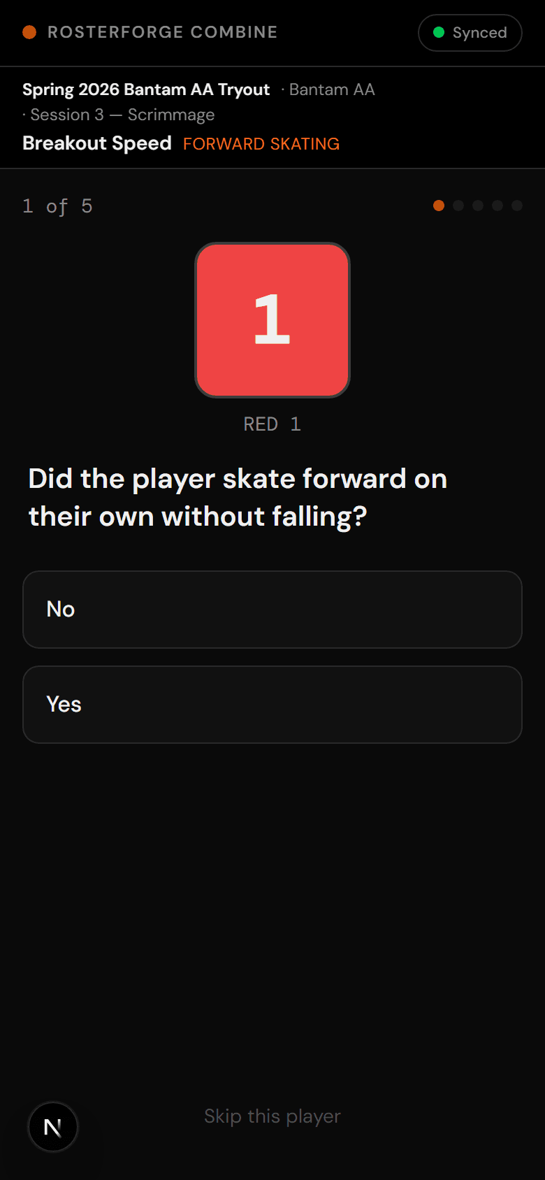 Phone screen showing evaluator scoring RED 1 on Breakout Speed with question: Did the player skate forward on their own without falling? with No and Yes answer buttons