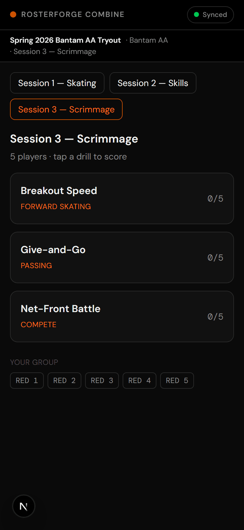 Evaluator interface on phone showing drill list: Breakout Speed, Give-and-Go, Net-Front Battle with pinnie group RED 1–5